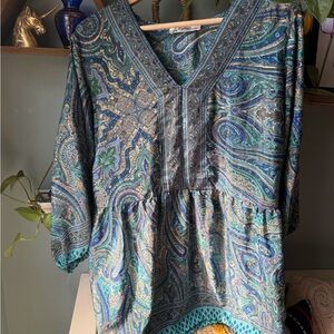 Lagogee Paisley Boho Tunic Blouse, Size 1X, Made in India, Flow Sleeve